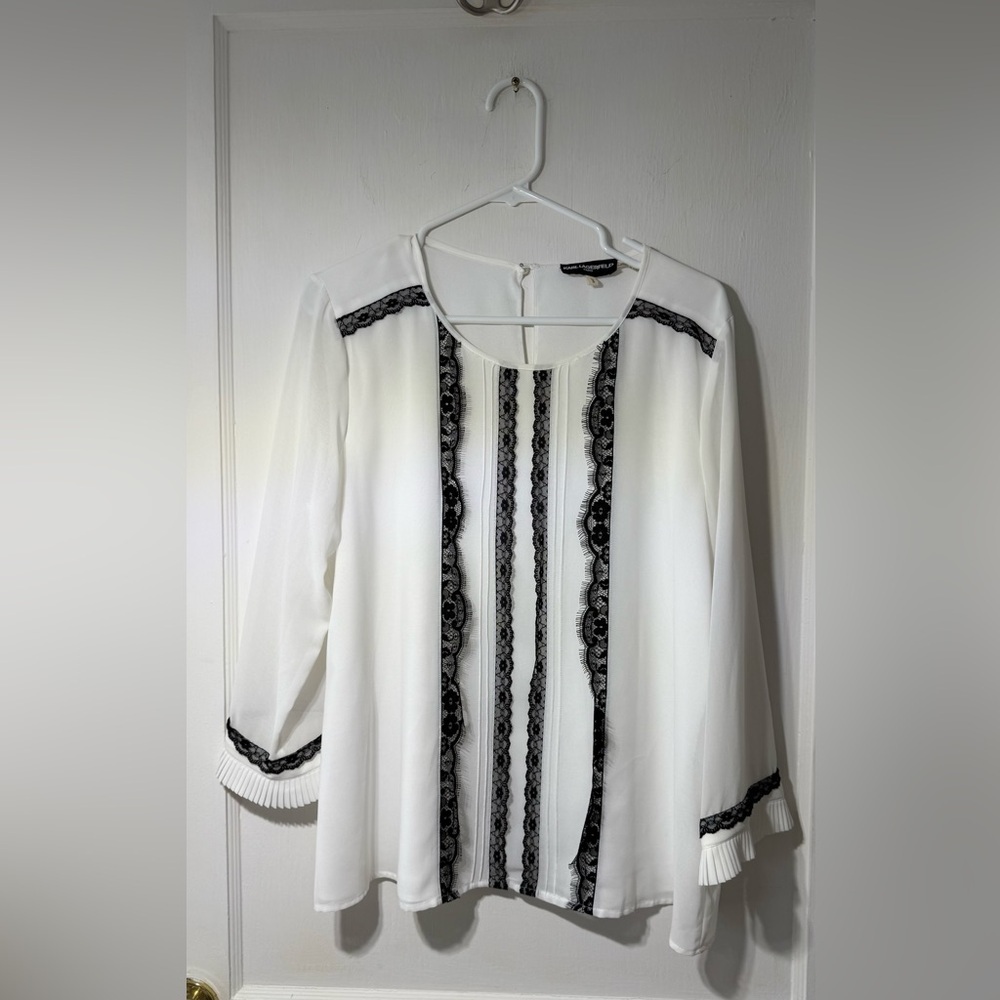 Karl Lagerfeld White Blouse with Black Lace Accents